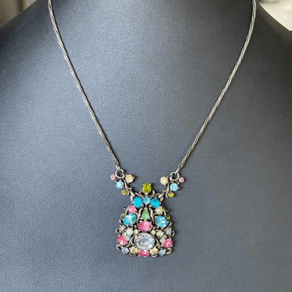 Vtg Hollycraft 1950 Fruit Salad Necklace Signed Uranium Glass Rhinestones AS IS - Picture 5 of 11